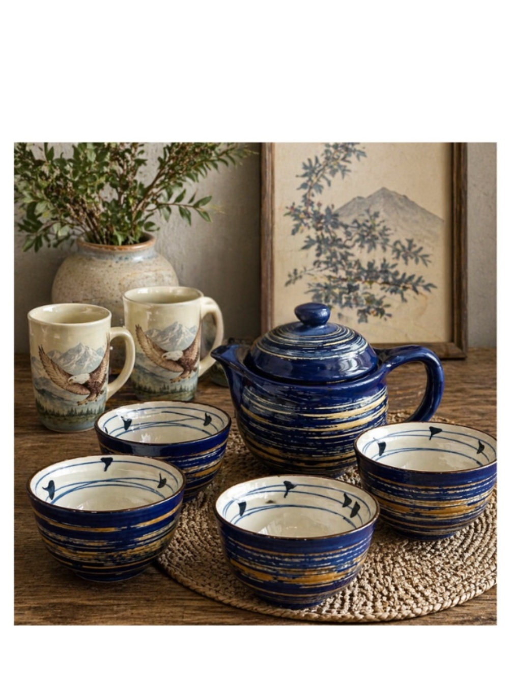 Hand-Thrown Ceramic Teapot Set with Cups and Otagiri Cups Japan